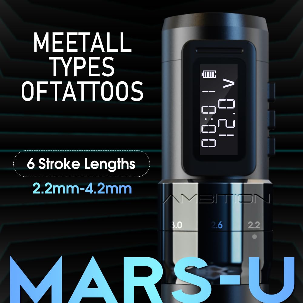 Tattoo Kit - Ambition Mars-U Wireless Tattoo Machine Kit with Adjustable Stroke 1800mAh Power Tattoo Gun Kit with 40pcs Tattoo Cartridges Needles Gloves Bandage Practice Skin for Tattoo Artists