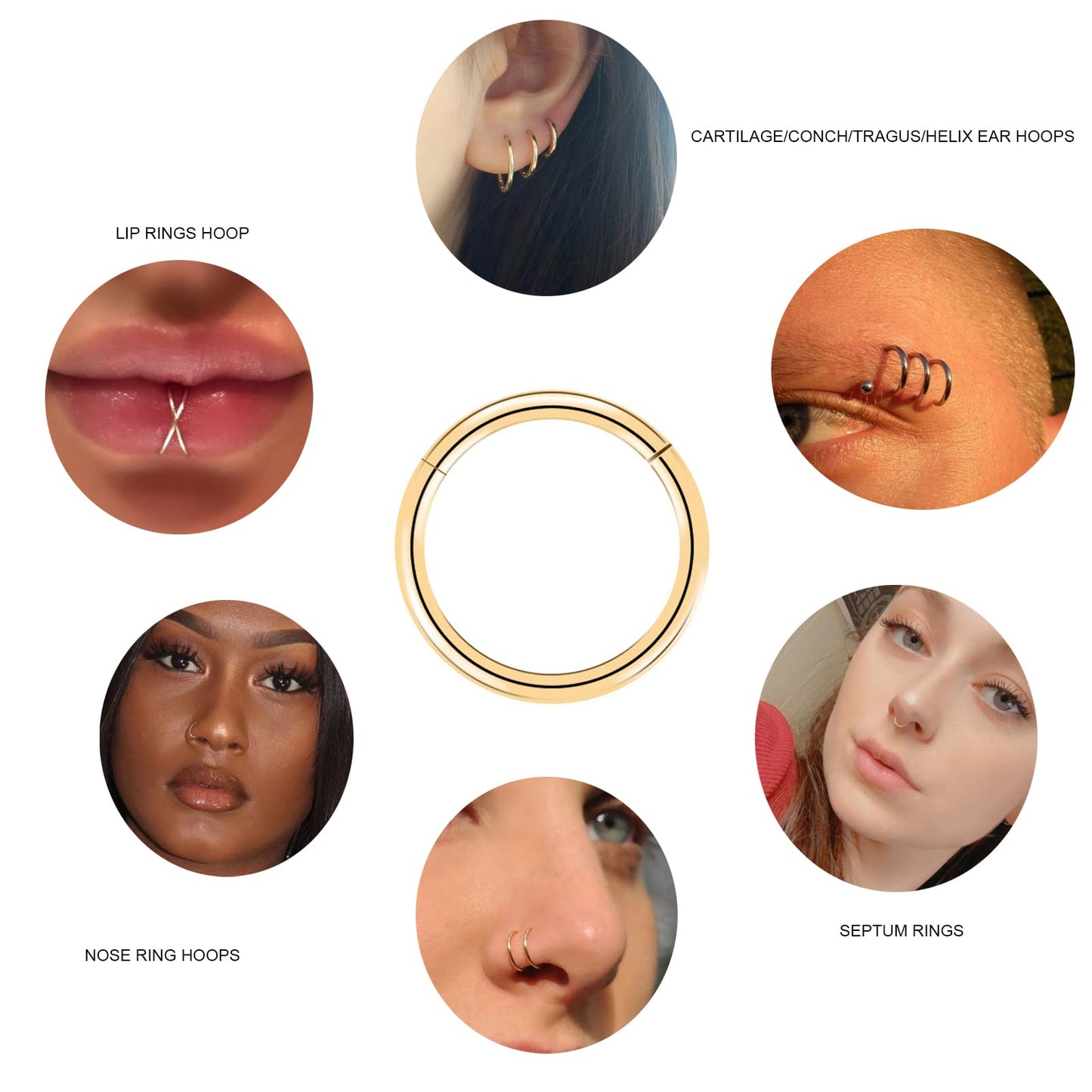 BOGKU 6pcs G23 Titanium Hinged Nose Rings Hoop 16 Gauge 6mm Nose Septum Clicker Segment Rings Cartilage Conch Tragus Helix Rook Hoop Earring Body Piercing Jewelry
