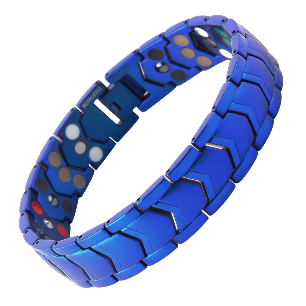 KYOSI 3X Mens Magnetic Bracelet Three rows Energy Stainless Steel Blue Bracelets for Men Magnet Link Jewelry Fathers Day Gift (Blue, 8.66 inches)