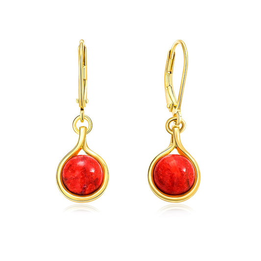 AIBAO Red Coral Earrings for Women Round Cut Red Gemstone Leverback Earrings Western Boho Jewelry Sterling Silver Coral Dangle Earrings