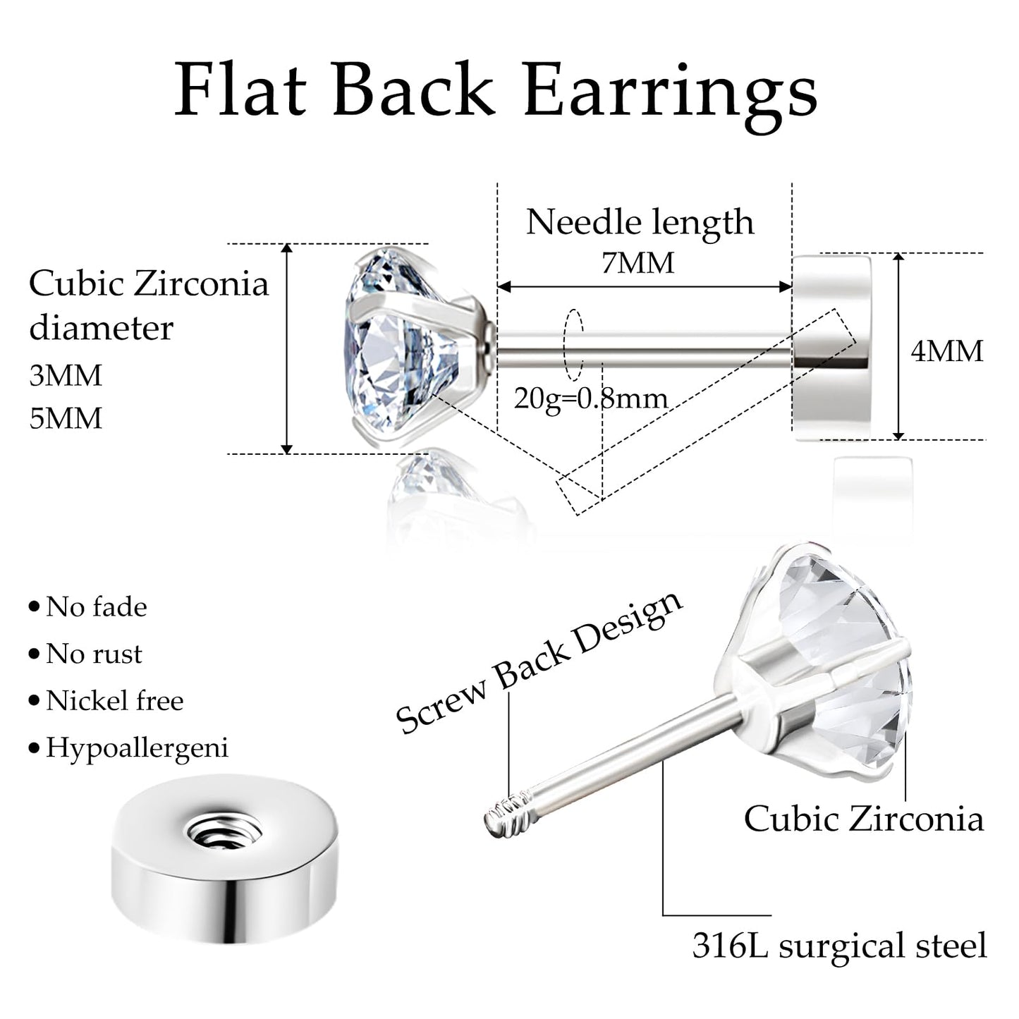 Mothers Day Gifts 2 Pairs Flat Back Earrings for Women, Nap Earrings as Hypoallergenic Flat Back Stud Earrings for Cartilage, 20g Cartilage Earrings as Birthday Gifts (3+5mm Silver)