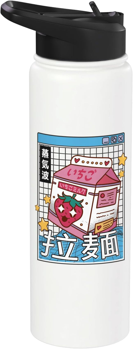 Strawberry Milk Carton Kawaii Grid Vaporwave Aesthetic Anime Stainless Steel Insulated Water Bottle