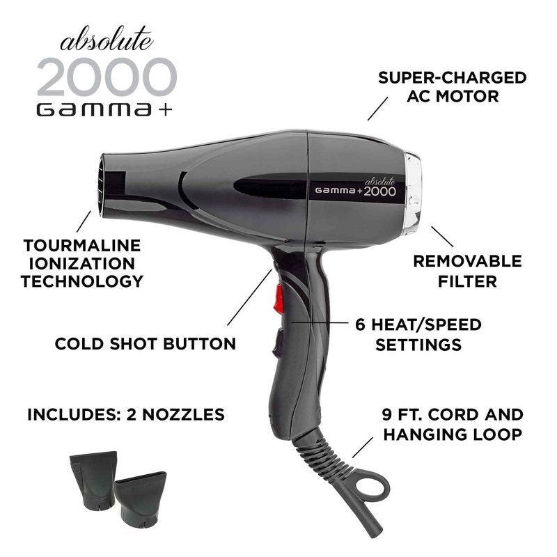 GAMMA+ Professional Absolute 2000 Hair Dryer Black, 2 Concentrator Nozzles
