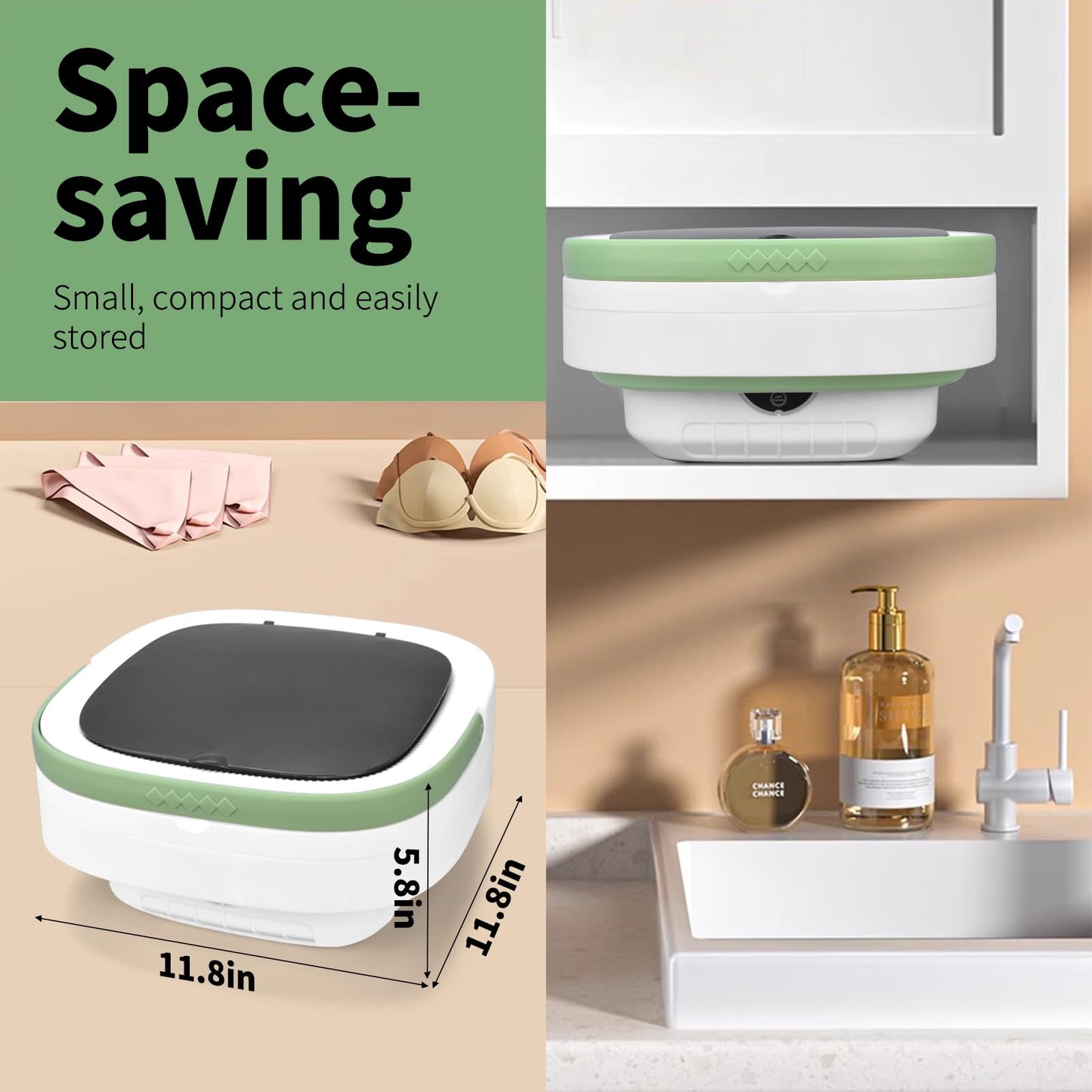 Portable Washing Machine, Mini 16L Upgraded with Spin Basket Laundry Machine, 3 Modes Deep Cleaning, Upgraded Small Collapsible Laundry for Hotel, Apartment, Home and Travel - Green