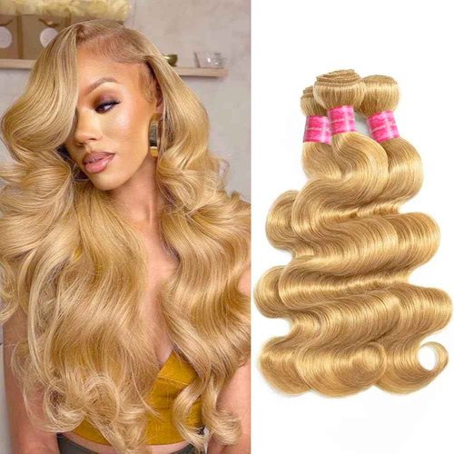 Aopusi #27 Body Wave Bundles 100% Unprocessed Honey Blonde Human Hair Weave Brazilian #27 Colored Blonde Virgin Remy Hair Weft for Black Women(16 18 20 Inch)