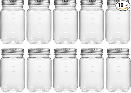 novelinks 16 oz Clear Plastic Jars with Lids, Refillable 16oz Mason Jars with Lids & Storage Containers for Kitchen & Household Use (10 Pack,Silver)