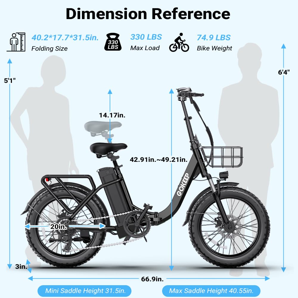 GOKEEP 1300W Folding Electric Bike, 75 Miles PAS Range, 52V 13Ah Removable Battery, 20" Fat Tire & Front Suspension Electric Bicycles, 20MPH 7-Speed Commuter Ebike, Max 330LBS, UL2849 Certified, Black