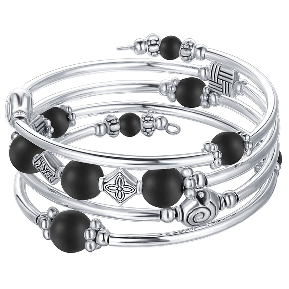 Beaded Pearl Bangle Wrap Bracelet - Fashion Bohemian Jewelry Multilayer Charm Bracelet with Thick Silver Metal Beads, Gift For Women(Matte Black)