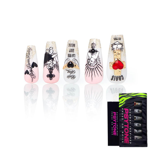 PSYTONE Press on Nails Long Rhinestone Pink Fake Nails Black Nails Square Bling Glossy 3D Flower False Nail Tips Artificial Nails Finger Manicure for Women and Girls-30pcs (Long Nails 1)