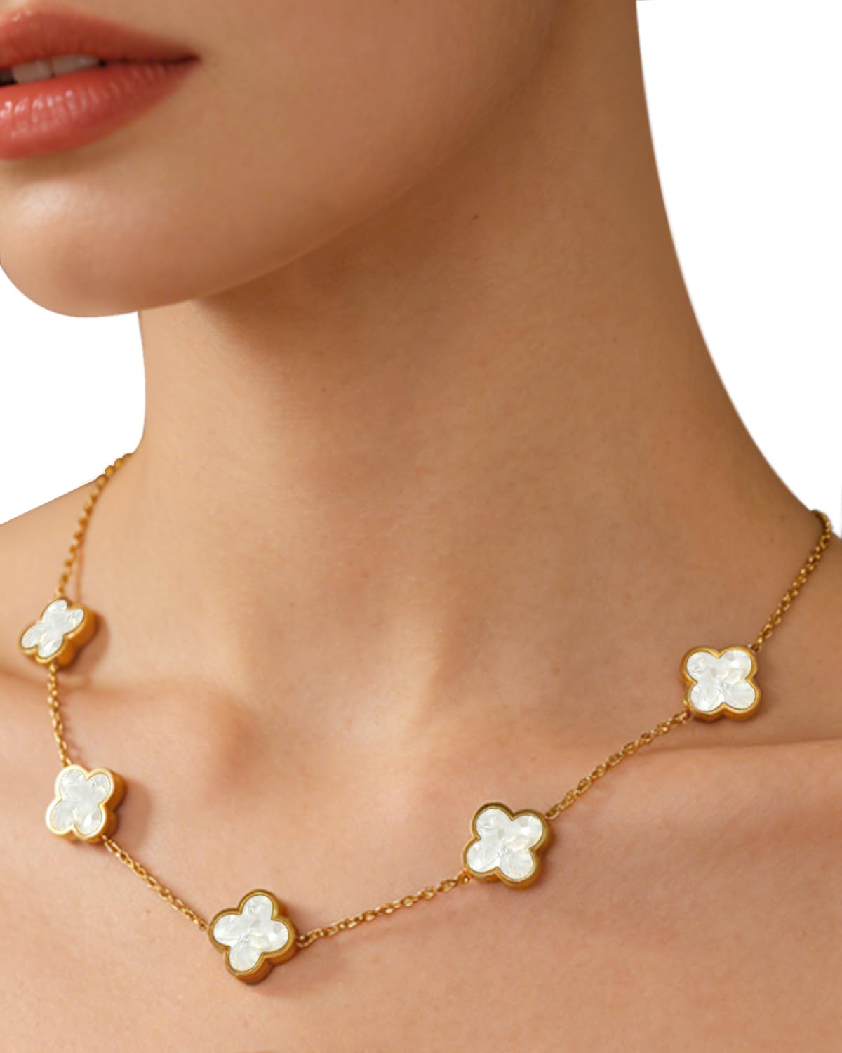 Aimétte Monette 18K Gold Plated Jewelry Set, Clover Necklace, Clover Bracelets and Stud Earrings Set, Women's Hypoallergenic White Gold Lucky Bracelet and Necklace Fashion Gifts for Women Trendy