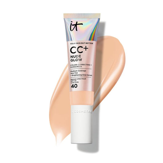 IT Cosmetics CC+ Nude Glow (Light Medium) - Medium Coverage Foundation with SPF 40 & Brightening Glow Serum, Lightweight Skin Tint, 2% Niacinamide + Hyaluronic Acid, Up to 24H Hydration - 1.08 fl oz