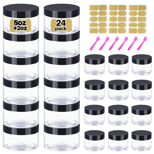 8 oz Plastic Containers with Lids + 2oz Small Containers with Lid (Set of 24) Plastic Jars with Lids Cosmetic Jar - for Lip Scrub, Body Butters, Cream, Slime, Craft Storage