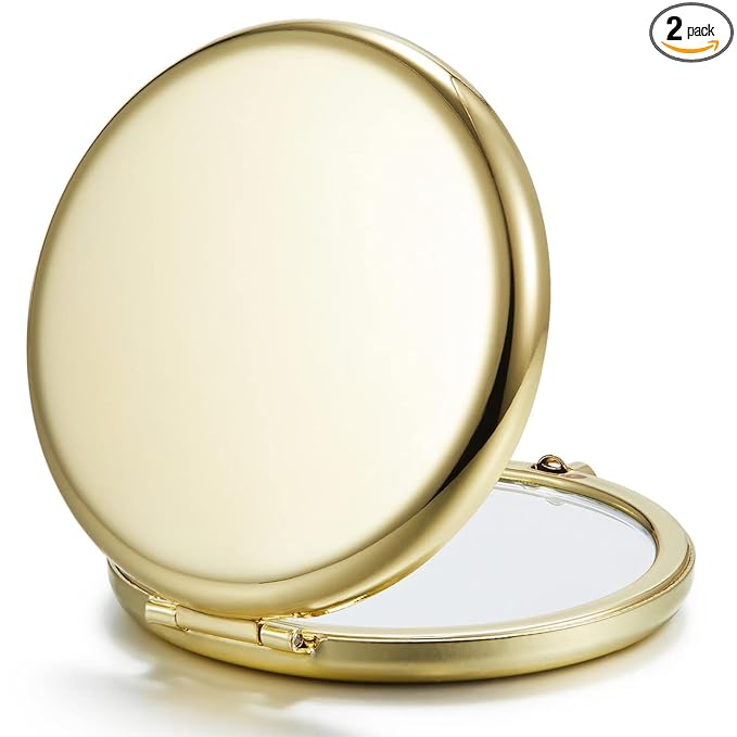 Compact Mirror Bulk, Set of 2 Double-Sided 1X/2X Magnifying Purse Pocket Makeup Mirrors(Round, Gold)