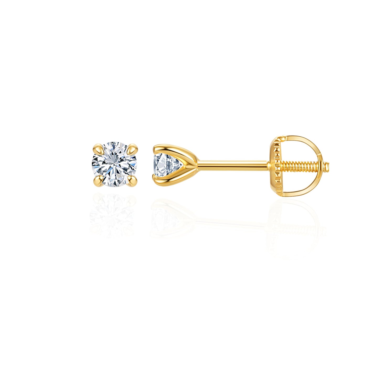 Lab-Grown Diamond Stud Earrings in Hypoallergenic 925 Sterling Silver, Screw Back, 1/5 to 2 1/2 Cttw, Round Princess Cushion Cut, 4 Prong, G-H Color, SI Clarity (14k Yellow Gold Plated, 0.3 cttw (0.15ct each)-3.3mm, White Round Diamond)