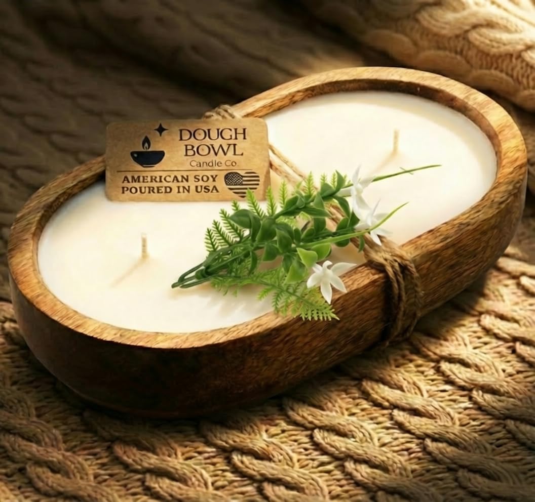 Dough Bowl Candle Co. Jasmine Candle for Women or Men - 10x6 3 Wick Scented Candles for Home, Mango Wood Large Luxury Soy Candles with Scented Wax, Long Burning 40H Burn Time for Spring or Summer