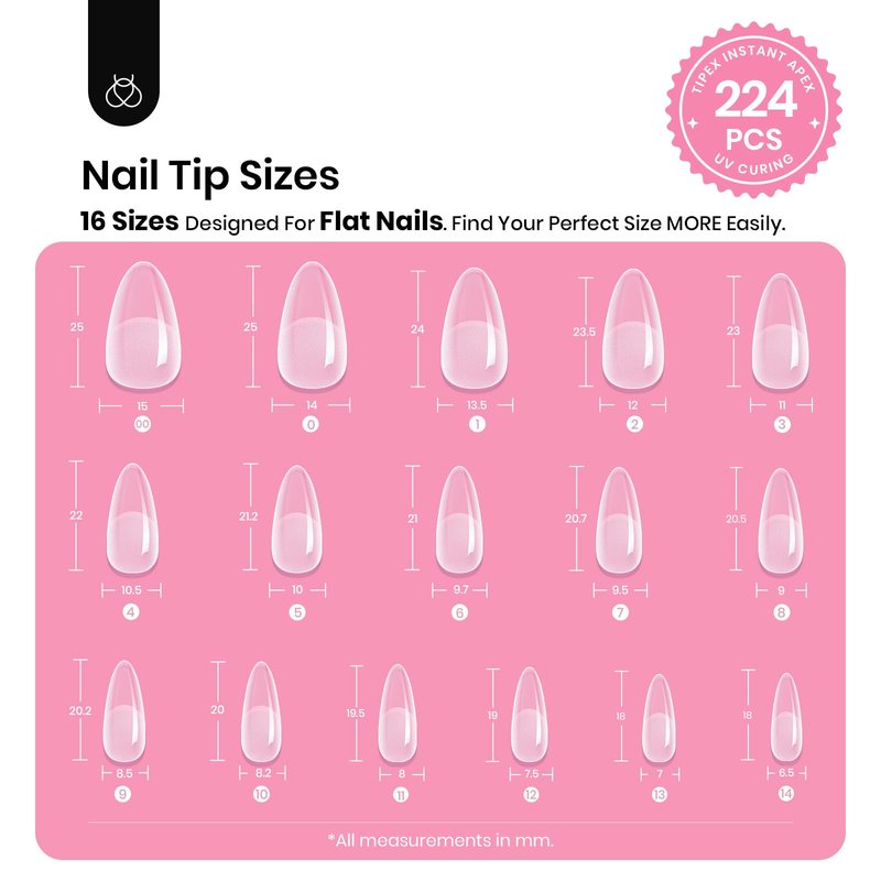 Beetles Tipex Instant Apex Medium Almond Tip Kit, 224 Pcs, 16 Sizes, Pre-Built Pre-Etched Thick Acrylic Tips, Includes Mini UV Lamp & Tipex Nail Glue