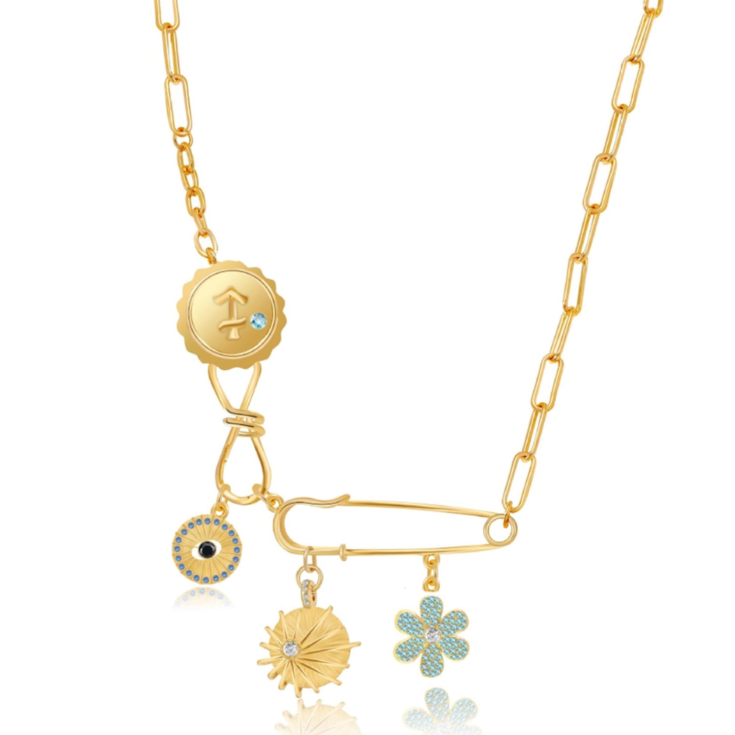 MISS RIGHT Charm Necklace for Women Dainty Gold Evil Eye Safety Pin Necklace, Good Luck Sun Coin Charms Pendant Paperclip Chain Necklace Amulet Jewelry Gift Blue Flower