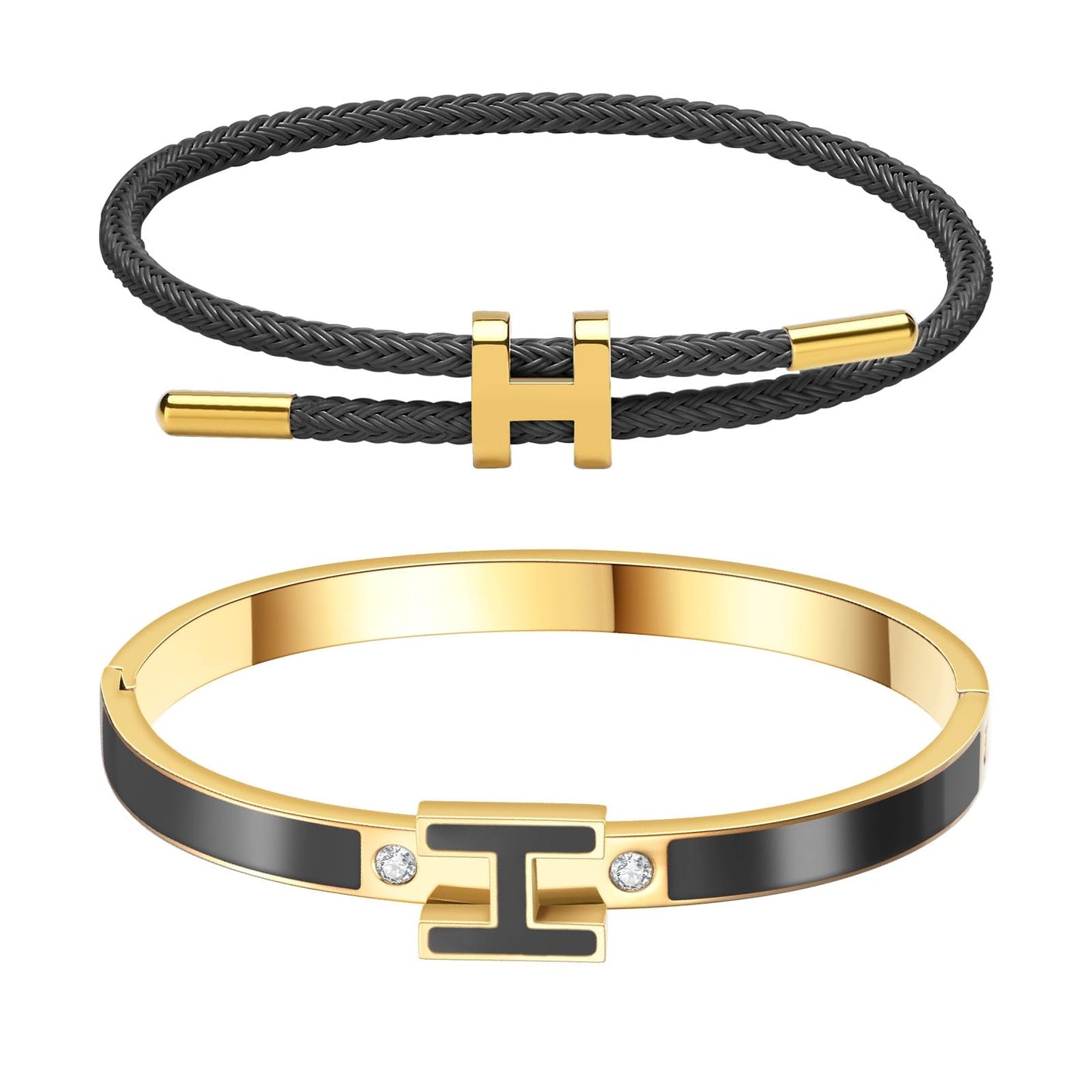 Hothink H Bracelets for Women,H Bangle and H Wire Rope Bracelet Set,Dainty 18K Gold Plated Bracelets Set for Christmas Mothers Day Gifts for Women (Gold-Black)