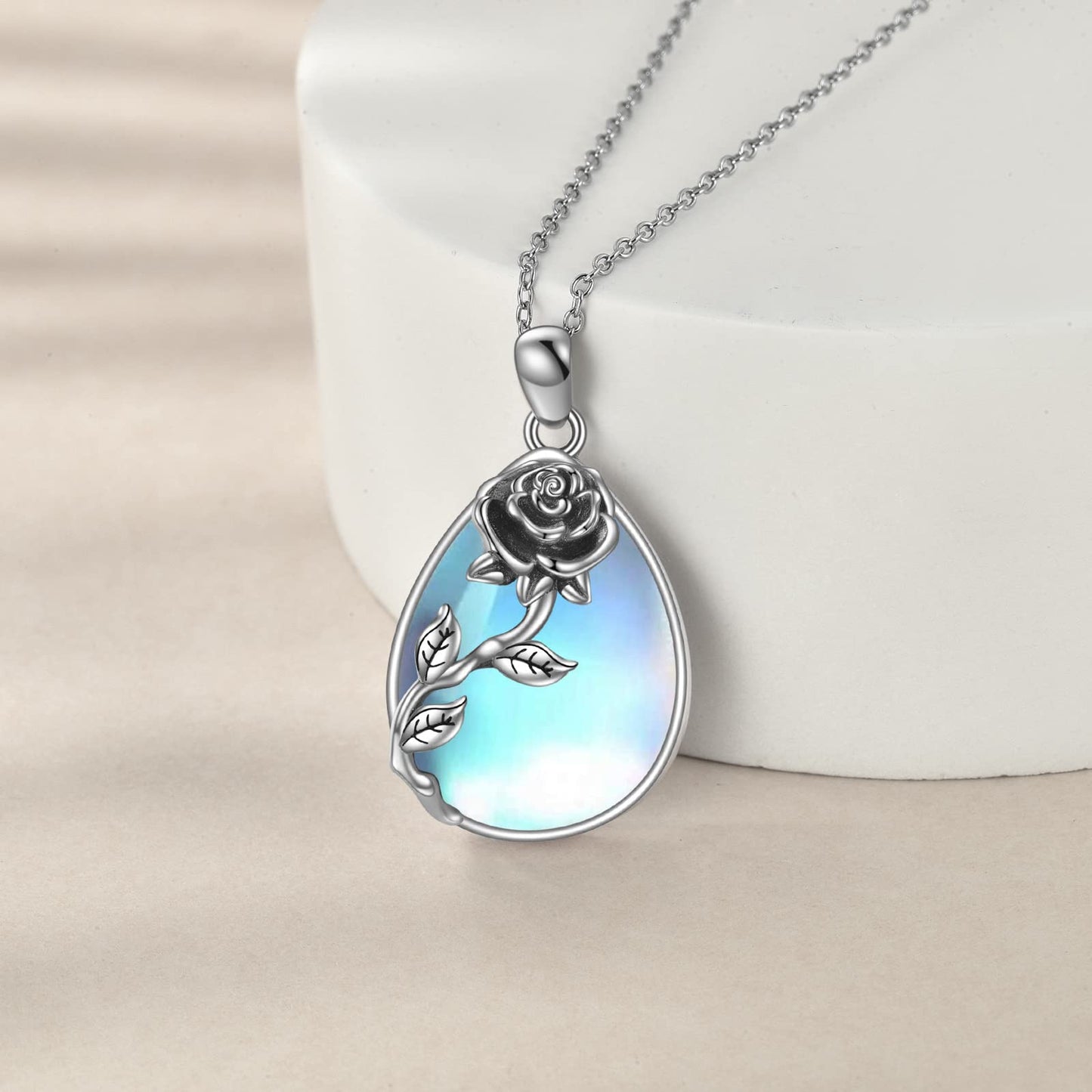 YAFEINI 925 Sterling Silver Moonstone Necklace Rose Flower Filigree Teardrop Pendant Necklace Jewelry Gift for Women (F-Rose Flower Moonstone)