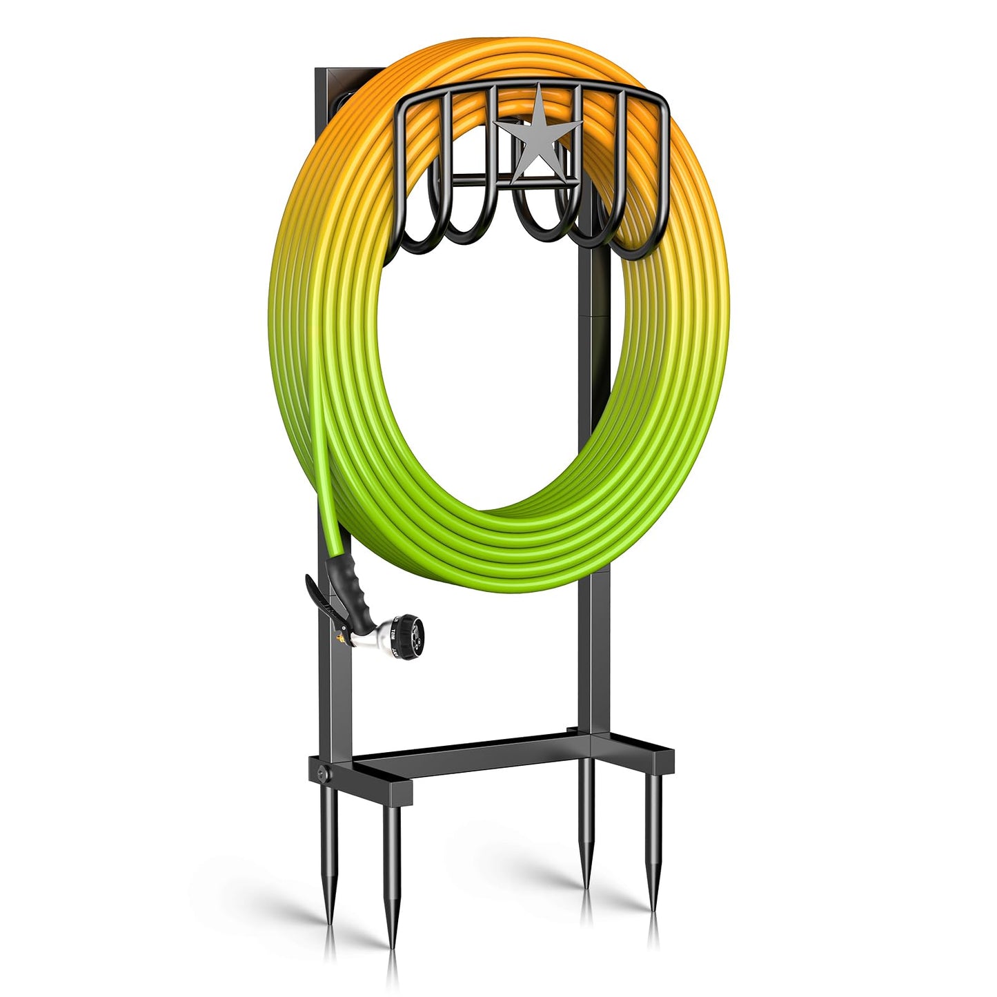 Mogaath Garden Hose Holder, Heavy Duty Freestanding Metal Stand, 165FT Garden Hose Storage with 4-Spike Stable Base, Rustproof Water Hose Holder for Outdoor Yard Lawn Garden Black