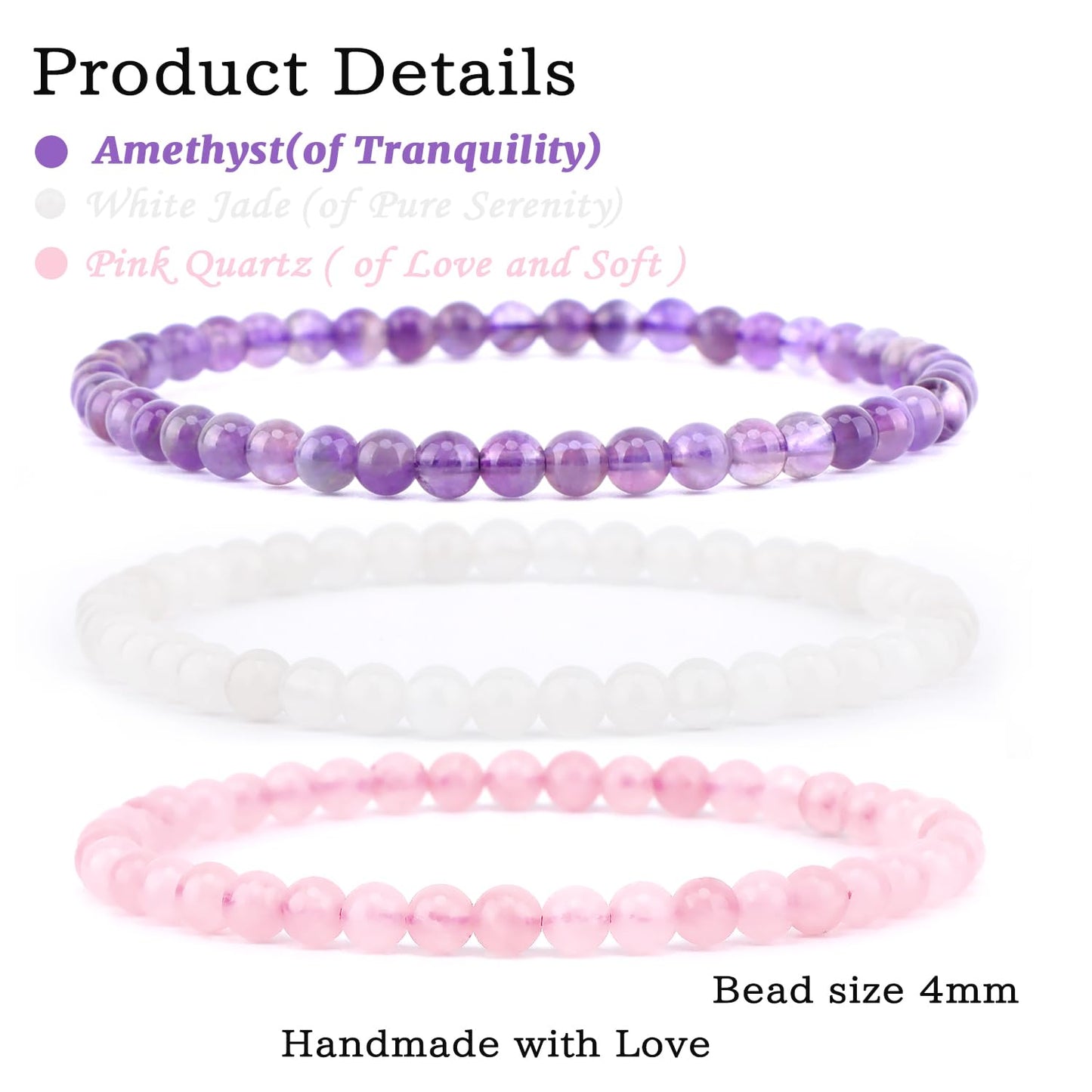 NCB 3-Piece 4mm Natural Crystal Gemstone Stretch Bracelets – ﻿Amethyst, Pink Quartz, White Jade Handmade Reiki Energy Healing Jewelry for Meditation,Yoga, Unisex