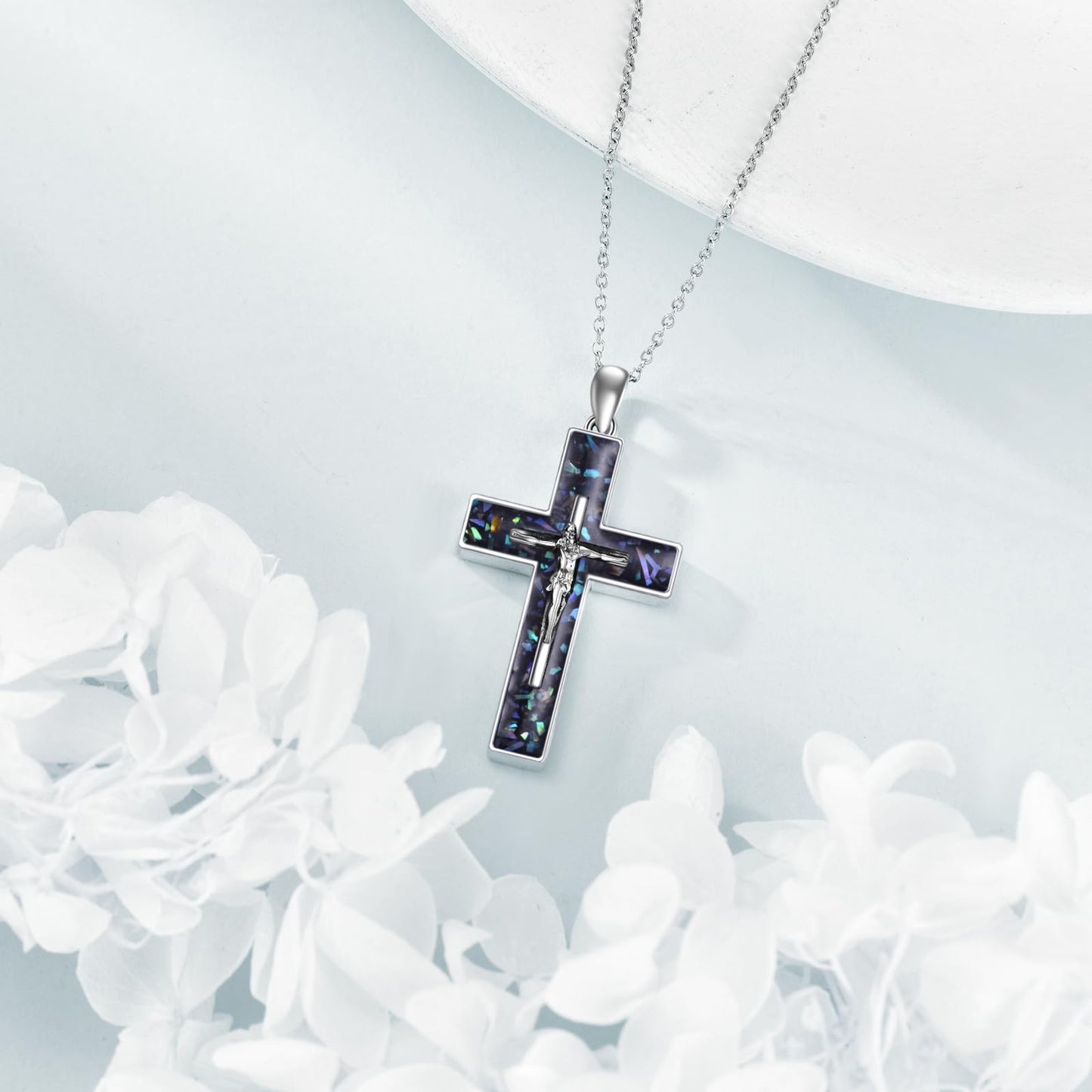 YFN Crucifix Cross Necklace Sterling Silver Jesus Cross Pendant Abalone Shell Jewelry Christian Gifts for Women Men