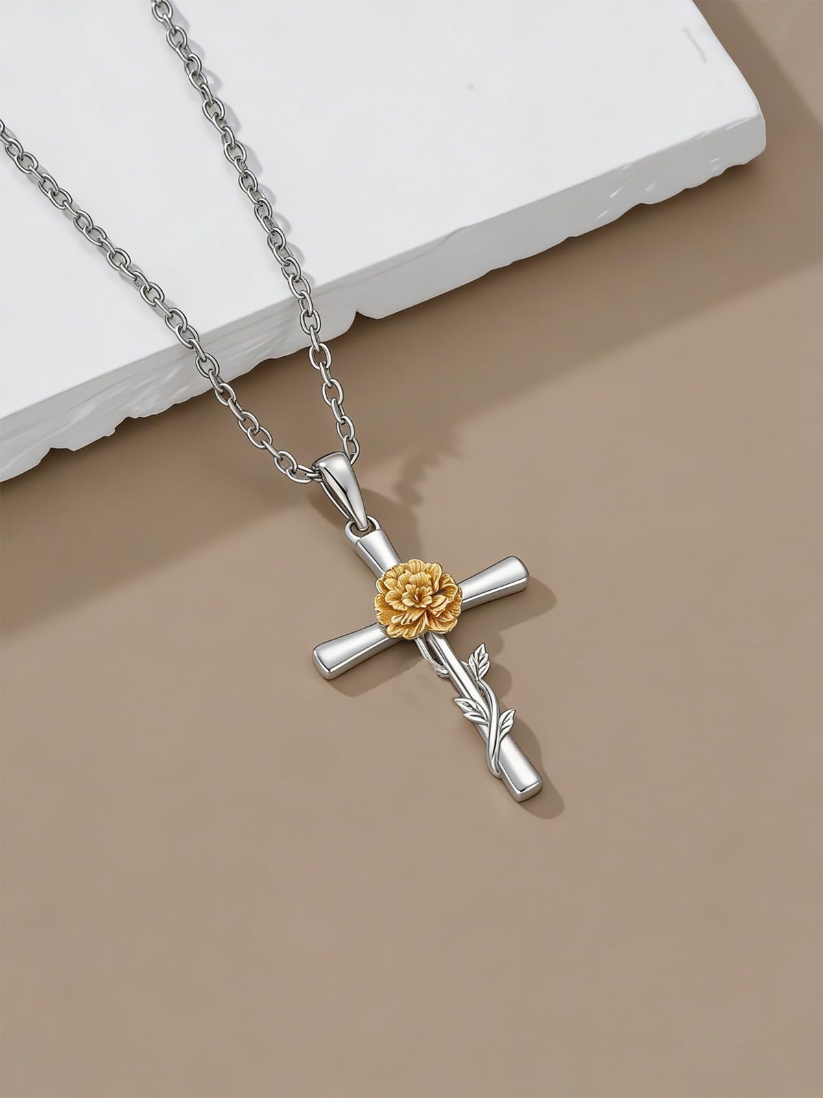 Cargari Marigold Flower Cross Necklace for Women 925 Sterling Silver Marigold Pendant Necklace Religious Floral Jewelry Gift