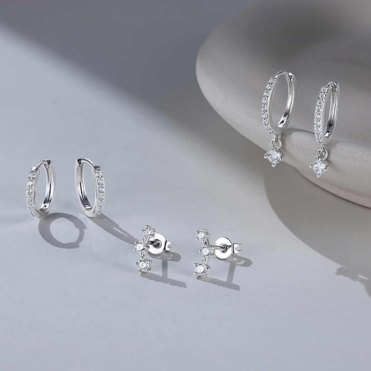 Angelady 3 Pairs 925 Sterling Silver Hoop Earrings Set for Women, Small Silver Hypoallergenic Earrings, Dainty Huggie Earrings for Multiple Piercing, Cartilage Silver Earring Stack for Women Gifts