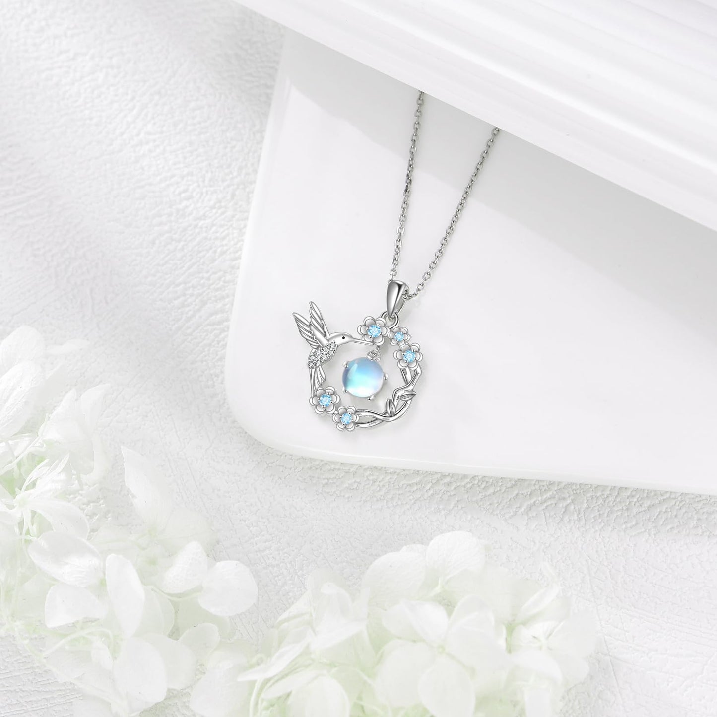 YAFEINI Hummingbird Necklace Sterling Silver Moonstone Humming Bird Pendant Jewelry for Women Mom