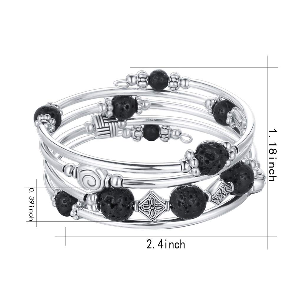 Beaded Pearl Bangle Wrap Bracelet - Fashion Bohemian Jewelry Multilayer Charm Bracelet with Thick Silver Metal Beads, Gift For Women(Lava Bracelet)