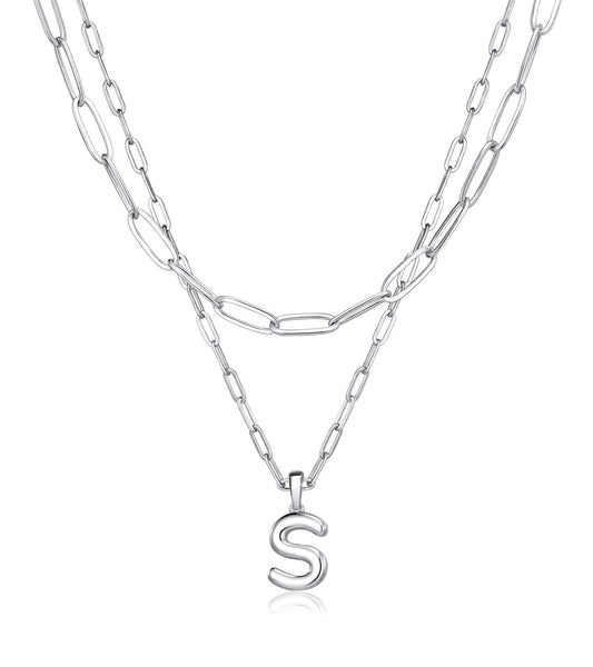 adoyi Silver Initial Necklace for Women 14k Gold Plated Layered Bubble Letter Necklaces Trendy Jewelry Chain Name S Pendant Necklace Stack Birthday Valentines Gifts
