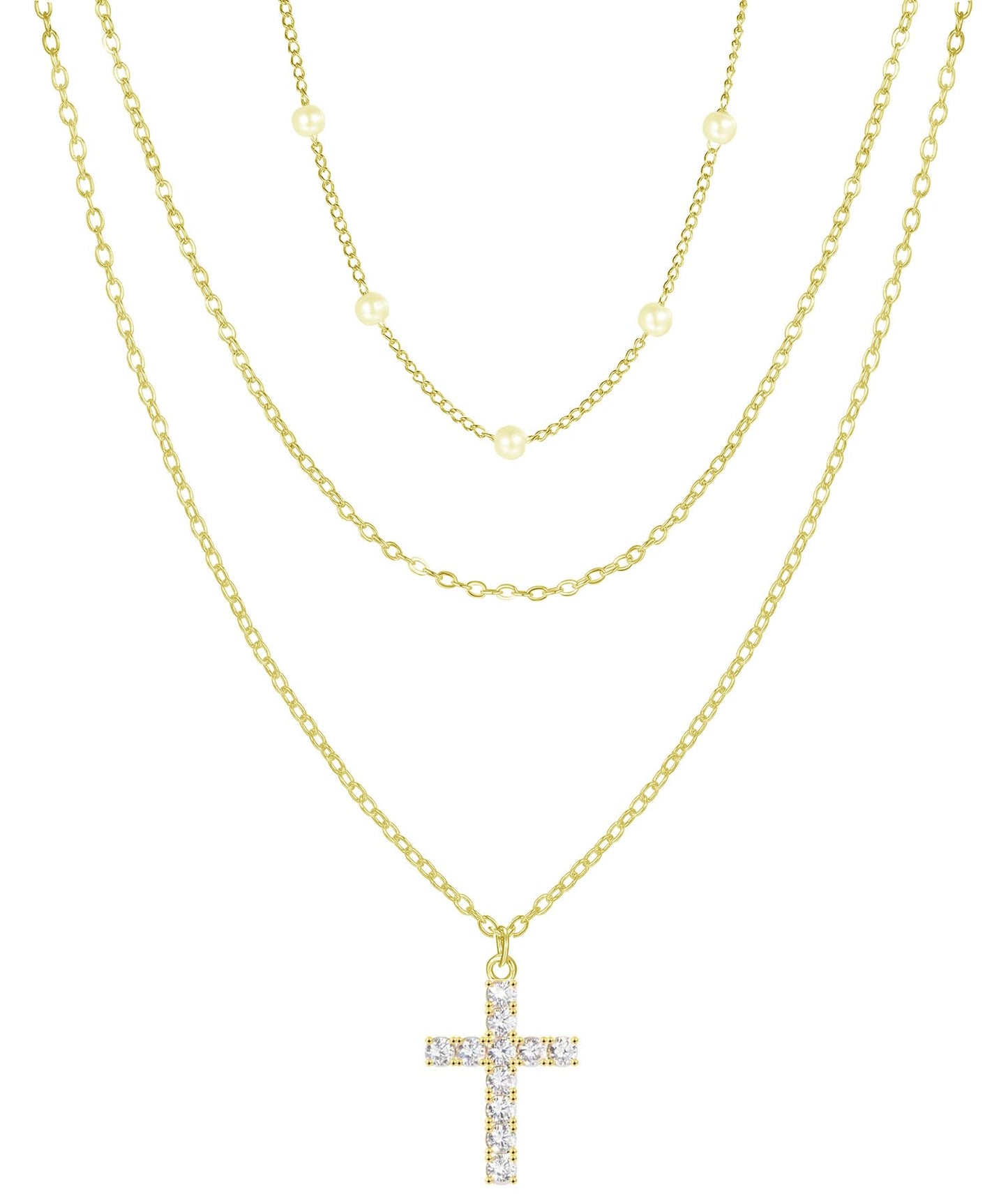 Evabelle Gold Layered Necklace for Women Trendy Jewelry 14K Real Gold Plated Chunky Chain Stackable Necklaces Dainty Choker Necklaces Cubic Zirconia Cross Pendant