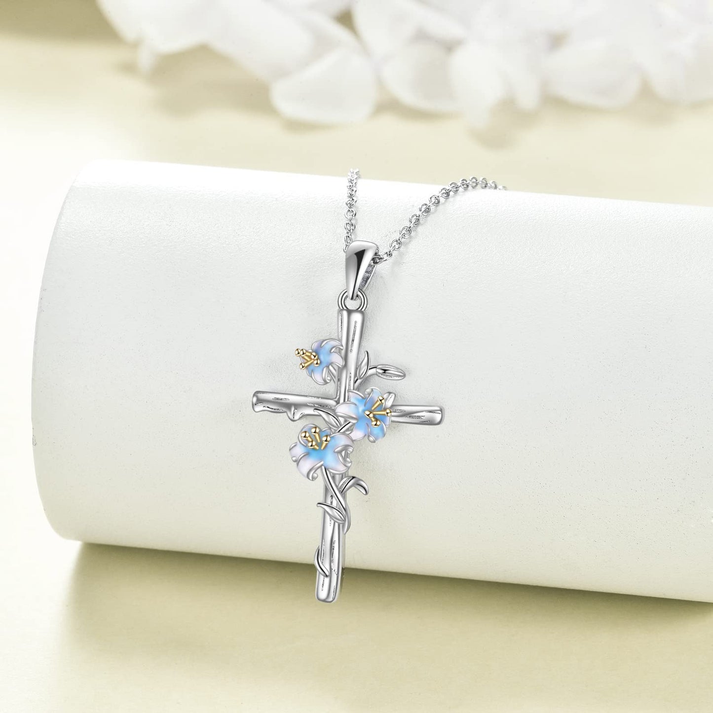 LUHE Women Cross Necklace Sterling Silver religious Lily Flower Cross Pendant Necklace Jewelry Gifts for Women