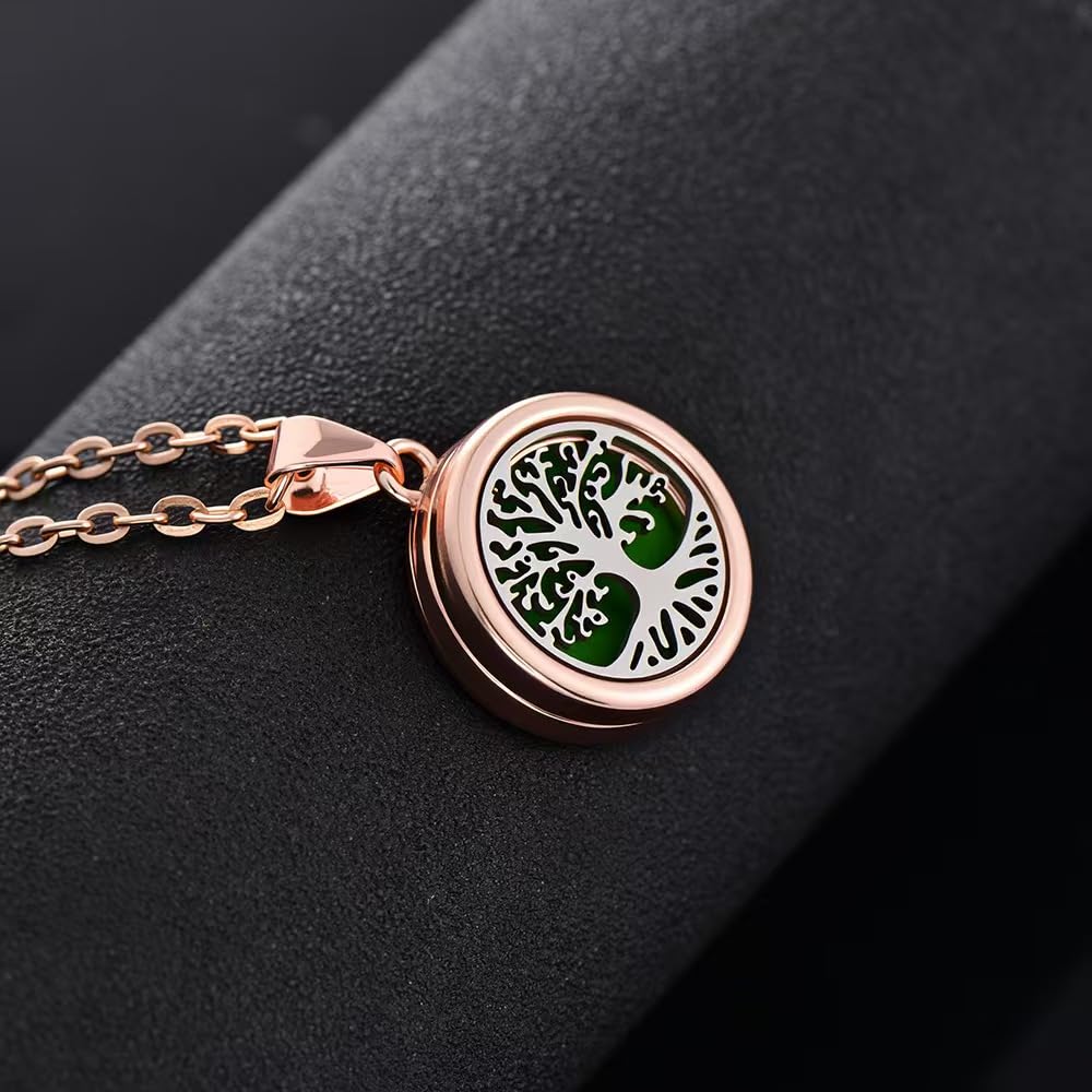 4-Piece Rose Gold Tree of Life Aromatherapy Necklace Set, Essential Oil Diffuser Pendant, Women's Stainless Steel Fragrance Jewelry, Includes Replacement Cotton Pads