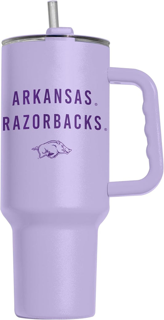Logo Brands NCAA Arkansas Razorbacks Lavender 40 oz Tumbler with Handle - Stylish Everyday Use Powder Coated-Stainless Steel with Straw- Keeps Cold For Hours