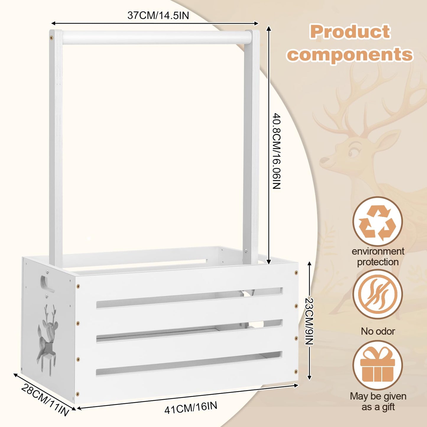 Wooden Baby Shower Crate Closet, Large Baby Toy Storage Basket with Handle, 30"x16"x11" for Newborn Boys Girls Pregnancy New Parents Gifts - White Color