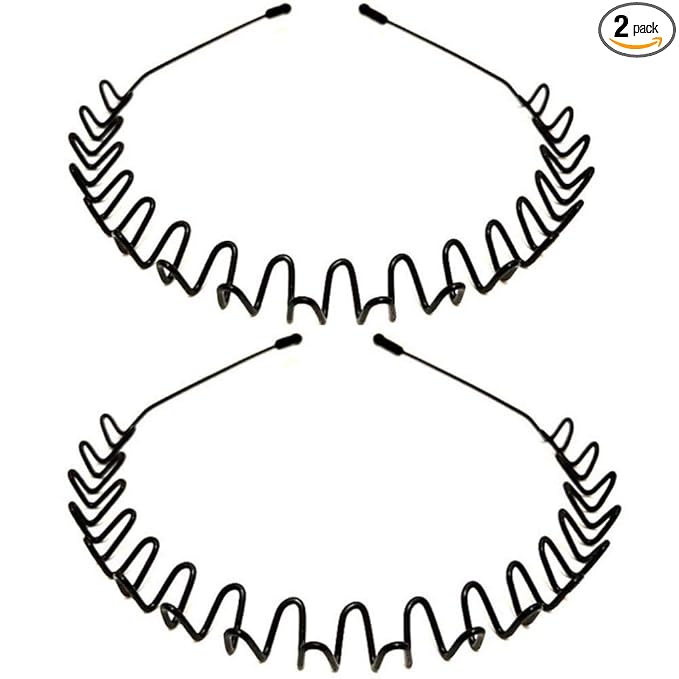 WantGor Metal Headbands, 2 Pack Fashion Unisex Black Hairband Spring Wave Non Slip Sports Headwear Hair Hoop Hair Accessories (2 Pack)