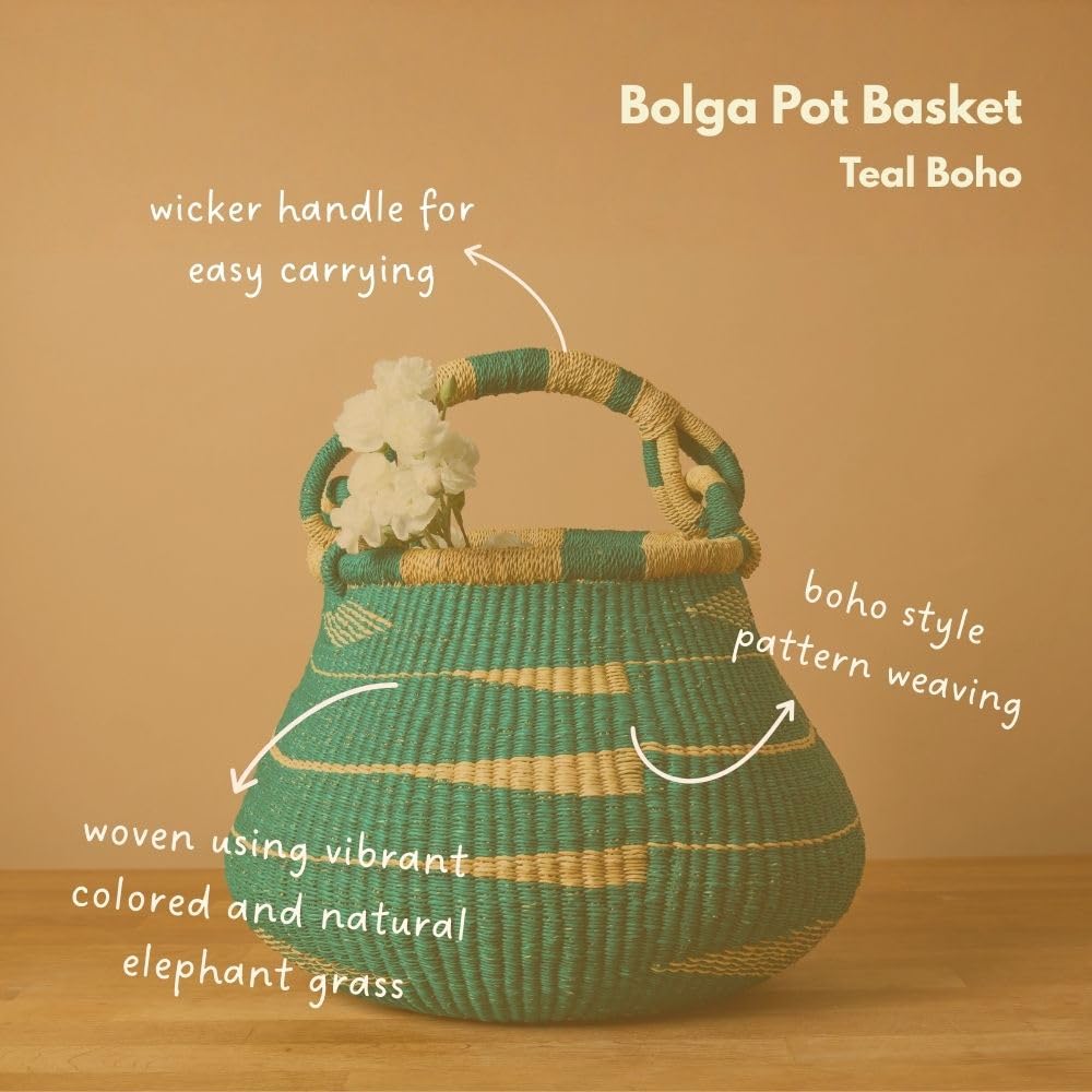 African Bolga Basket for Home Decor, Picnic, Garden Harvest and Storage, Woven Basket with Handle, Teal, 16 Inch Wide