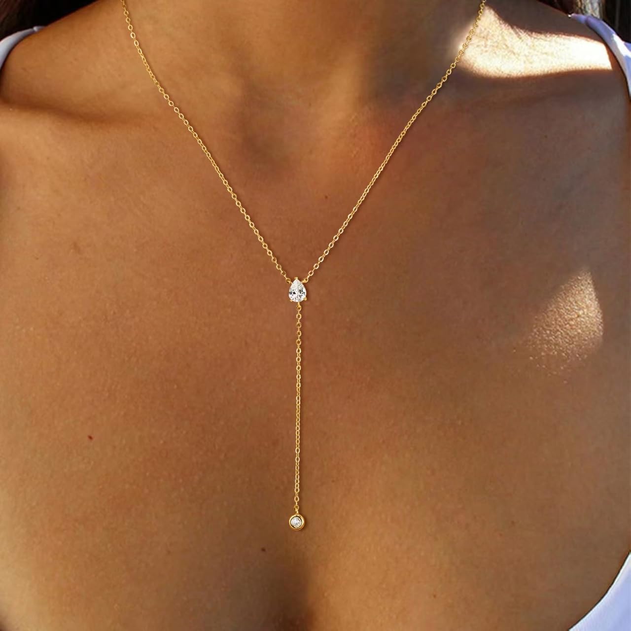Fglqfam Lariat Necklace for Women, Dainty Gold Long Necklaces, 14k Gold/Silver Plated Y-Shaped Drop Chain Necklace, Simple Layered Necklaces, Trendy Jewelry Gifts for Her (Single CZ Y Necklace-Gold)