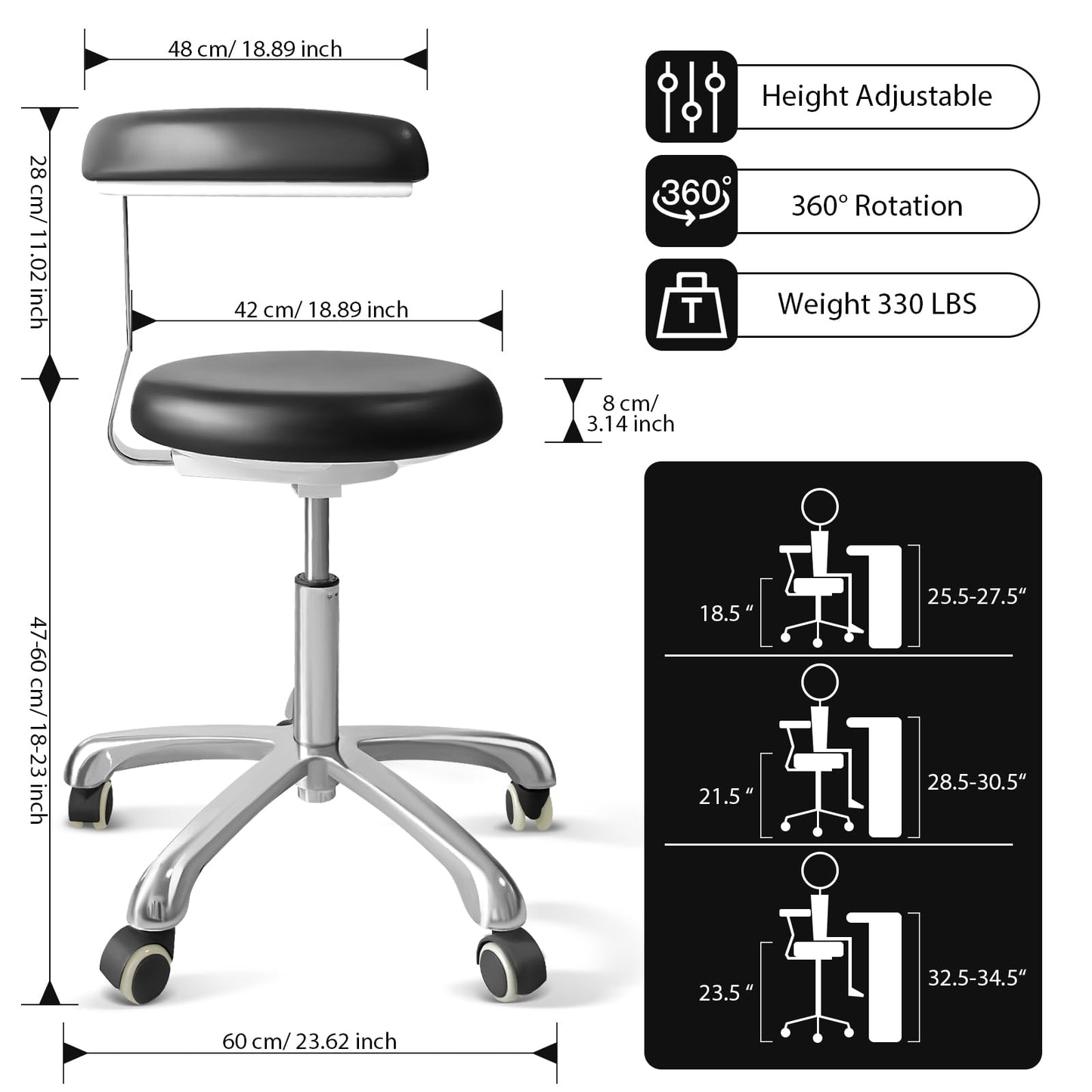 Medical Stool on Wheels with 360 Degree Swivel Armrests PU Leather Medical Stool, Height Adjustable, Salon, Shop, Home and Medical Dental Assistant Chair, Black