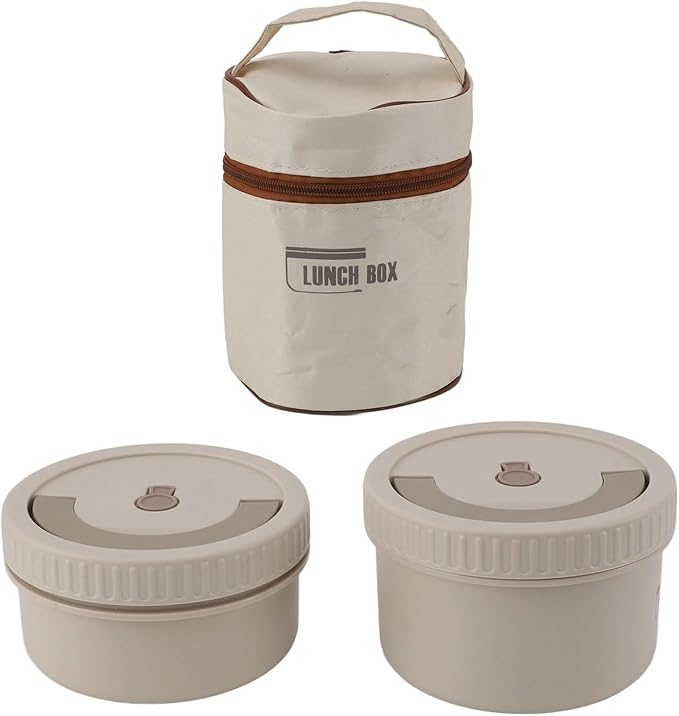 -Proof Thermal Lunch Container Set â 2-Piece Round Insulated Food Box in Premium 316 Stainless Steel with Carry Bag, Beige