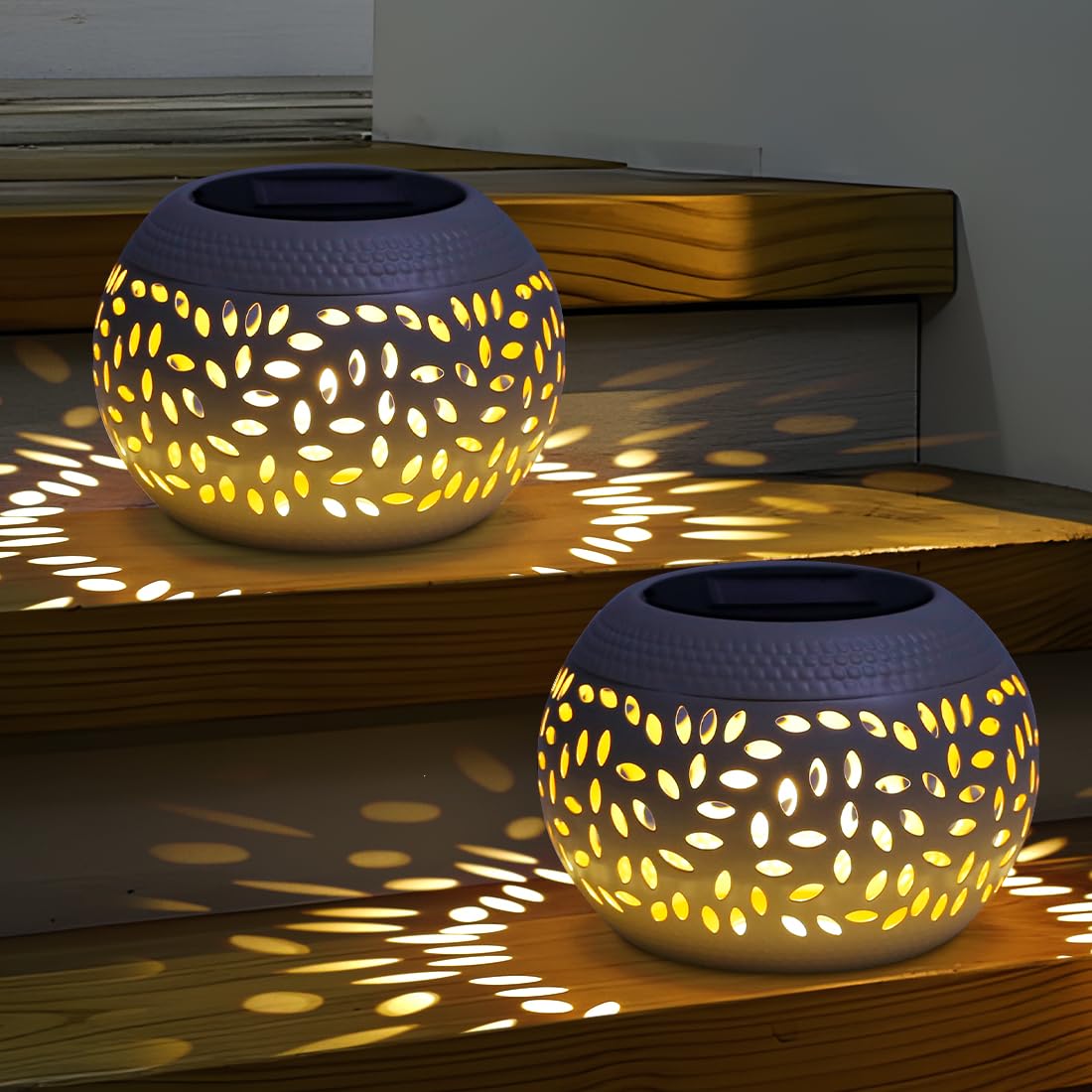 Solar Lanterns Outdoor Table Lights,2 Pack Waterproof Decor,Hollow Out Retro White Metal Patio Lights Gifts for Women Mom Yard Porch Garden Balcony Indoor Tabletop Decorations