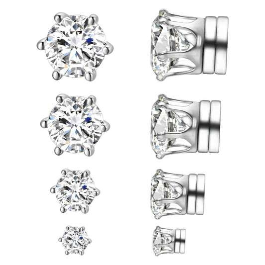 Airokiy Non Piercing Magnetic Earrings for Men Sliver Fake Diamond Magnetic Earrings Set 4 Pairs (4/5/7/8mm)