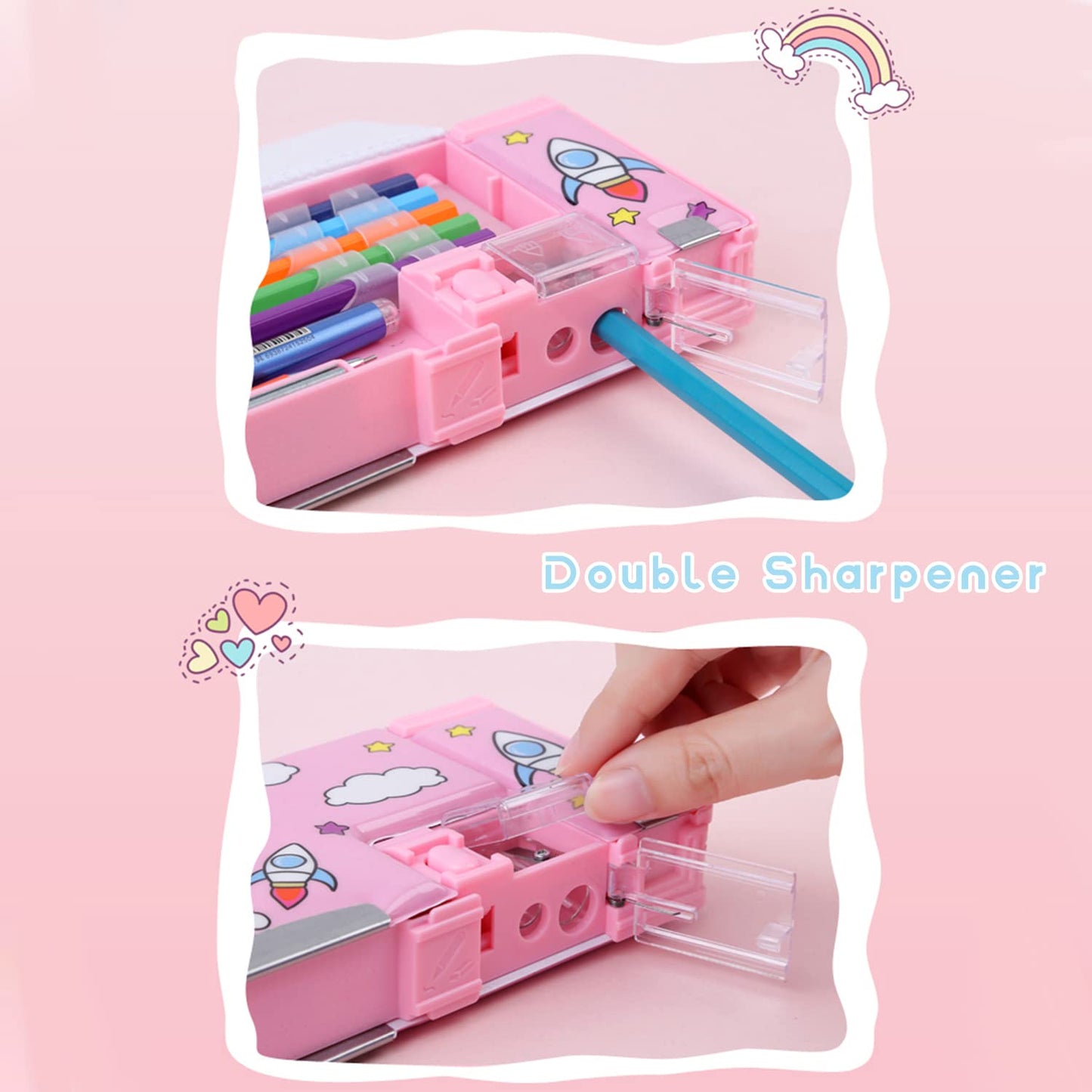 LilyBeauty Pop Up Multifunction Pencil Case for Girls and Boys, Cute Cartoon Pen Box Organizer Stationery with Sharpener, Schedule, School Supplies, Best Birthday Gifts for Kids【Pink-Dream Planet】