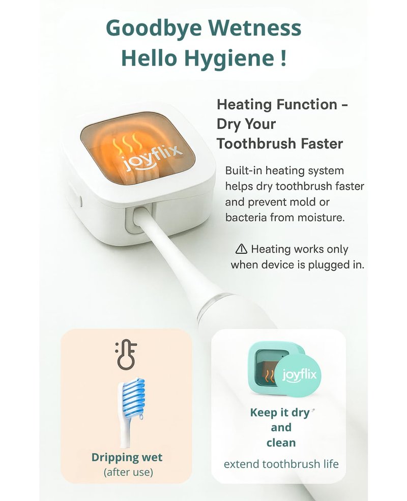 joyflix UV-C Toothbrush Sanitizer | Portable & Rechargeable | 99.9% Sanitization with Heating Function | Magnetic Mount, Travel-Friendly & Compact Design (White) (Pure White)