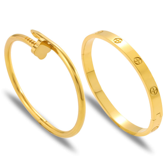 Acnode Gold Bangle Bracelets for Women -2PCS Friendship & Love Bangle Bracelet Clover Nail Bracelet Stack Set Trendy Non-Tarnish Stainless Steel Jewelry Gifts for Mom Wife Her