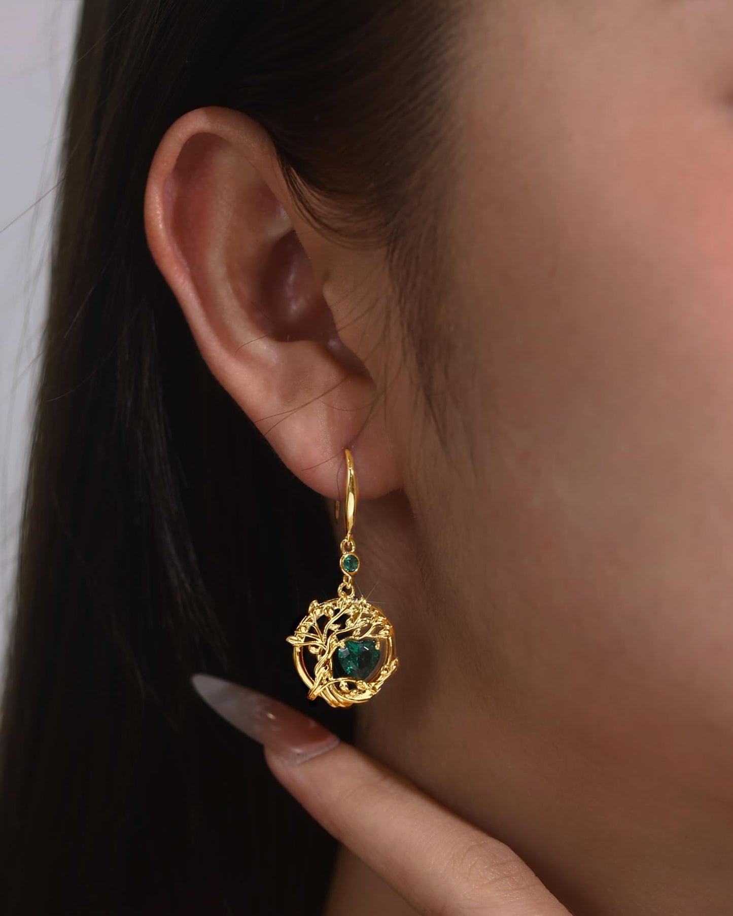FANCIME Tree of Life Earrings 925 Sterling Silver Dainty Yellow Gold Plated Emerald Dangle Drop Green Gemstone Earring May Birthstone Fine Jewelry Birthday Mothers Day Gifts for Her Women