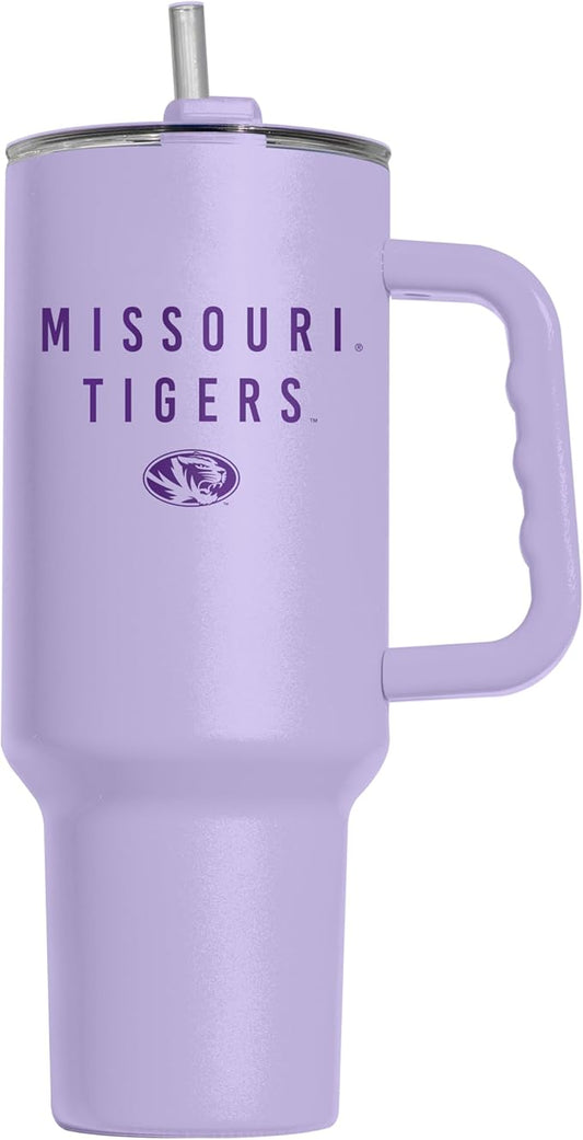 Logo Brands NCAA Missouri Tigers Lavender 40 oz Tumbler with Handle - Stylish Everyday Use Powder Coated-Stainless Steel with Straw- Keeps Cold For Hours