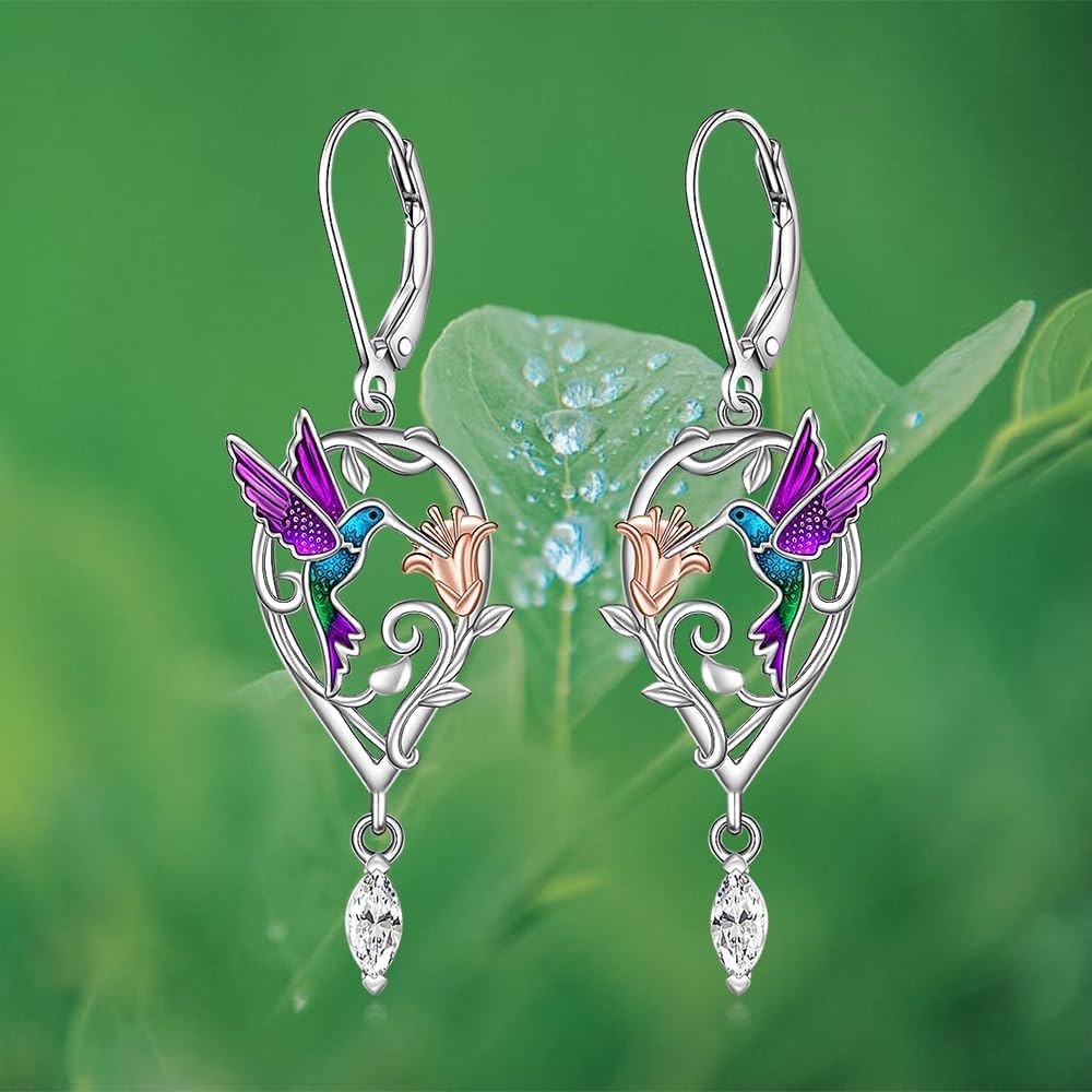 Hummingbird Earrings Purple Hummingbird Earrings for Women Sterling Silver Flower Teardrop Zircon Dangle Bird Jewelry Memorial Mothers Day Christmas Healing Gifts