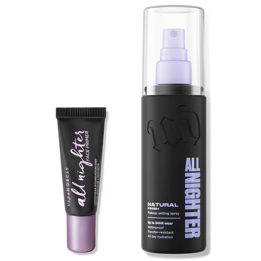 Urban Decay All Nighter Face Primer and Natural Finish Setting Spray Travel Bundle - All Nighter Waterproof Setting Spray (1 Fl Oz) for Transfer-Resistant Makeup + Makeup Primer (0.28 fl oz)